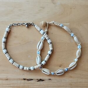 Bohemian Beige and White Cowrie and Puka Shell Bracelet/Anklet Set Of 2